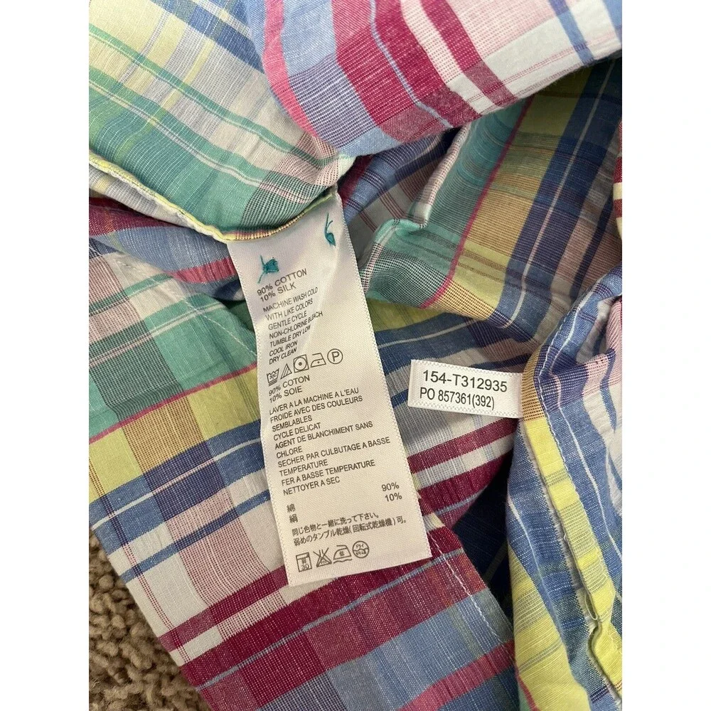 TOMMY BAHAMA Madras Plaid Multicolor Cotton Silk Shirt Pocket Men’s Size Large - Picture 6 of 11